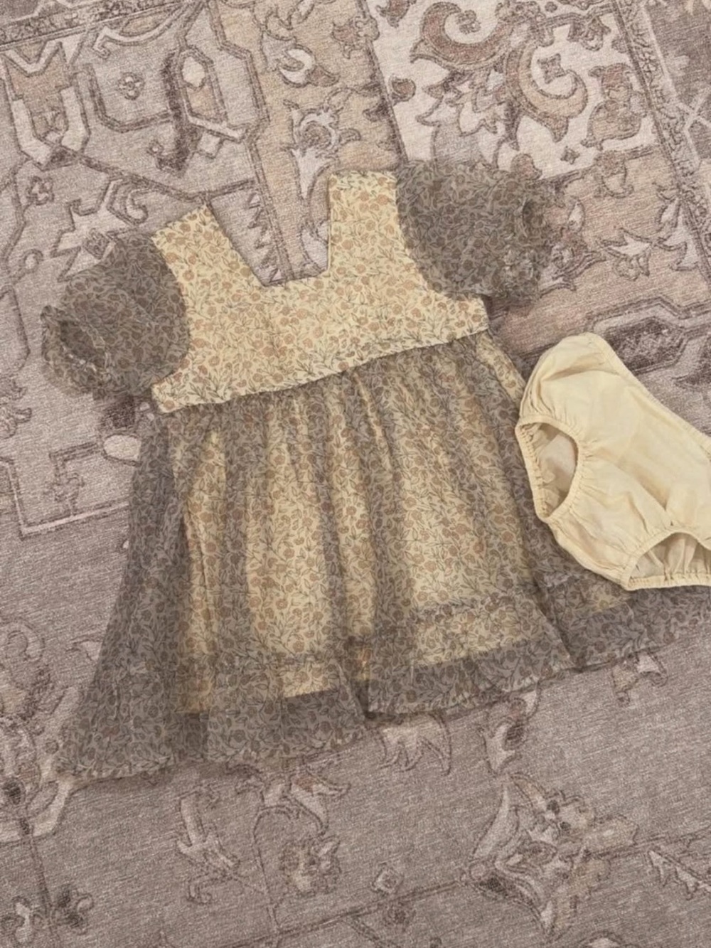 Sheer Floral Puff Sleeve Dress with Bloomers - Neutral Tones